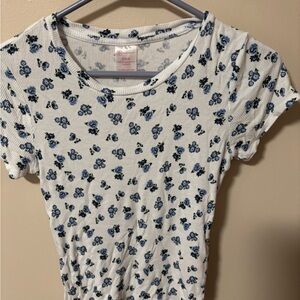 No Boundaries Blue Floral Ribbed Short Sleeve Top